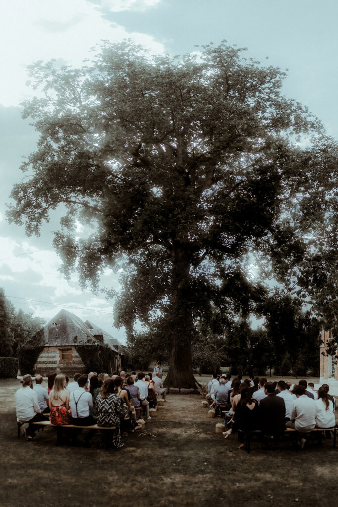 La cérémonie laïque de mariage se passe en extérieur au niveau d'un arbre centenaire.