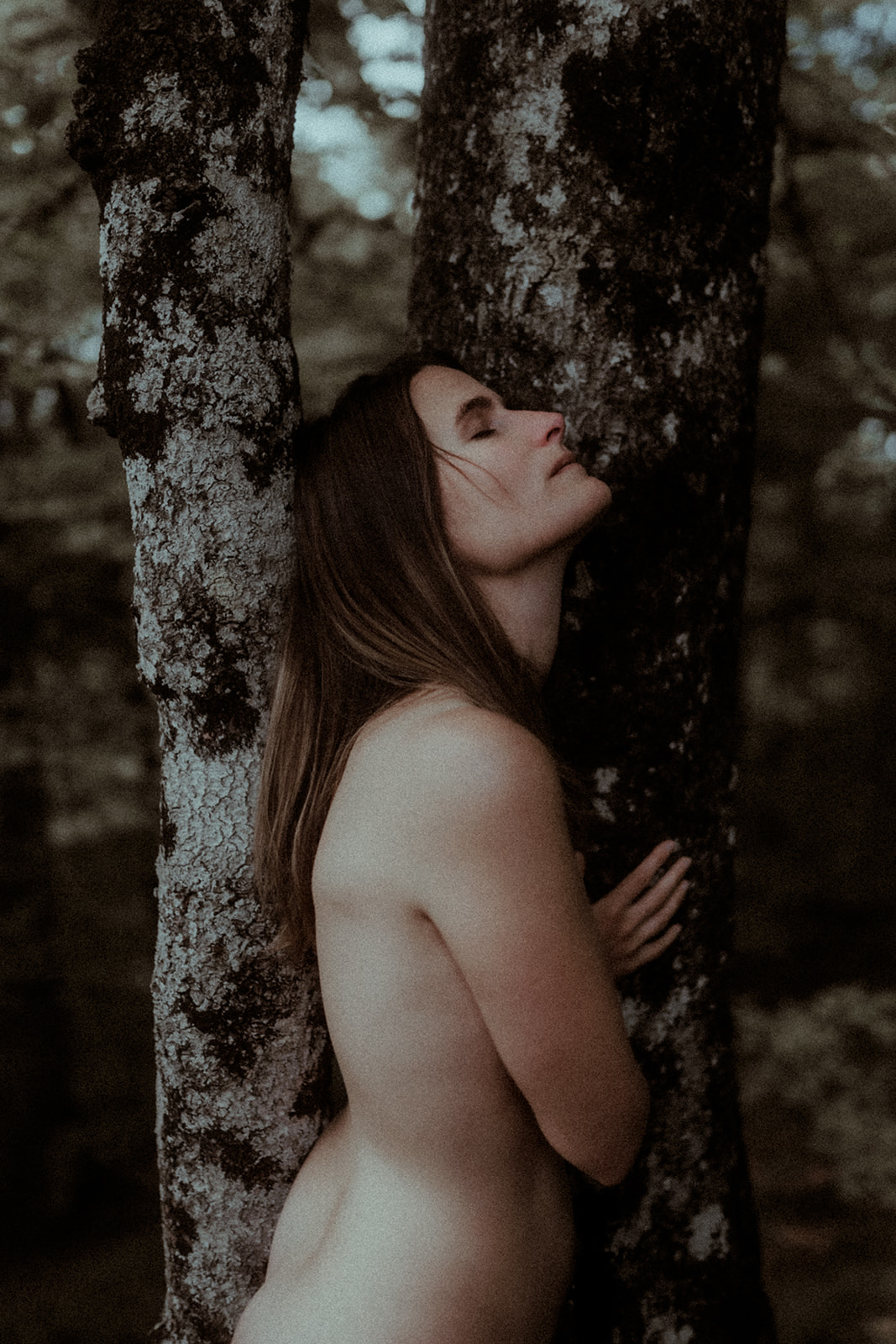 Une femme nue fait un câlin à un arbre pour se connecter à la nature et à elle-même. Un moment tout doux capturé par Gaétane Glize, photographe de femmes nues et femmes sauvages dans les Landes, le Pays Basque et les Pyrénées.
