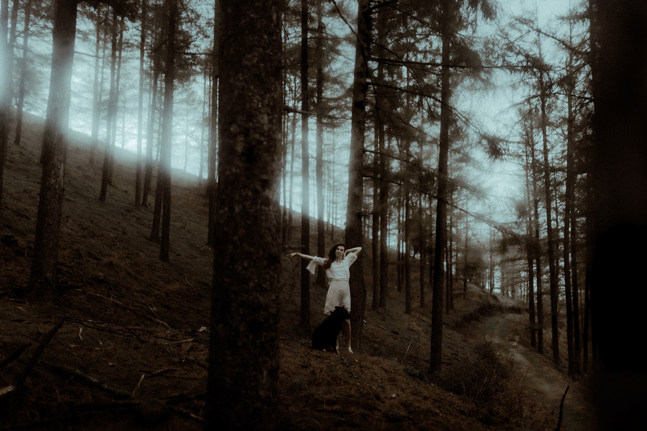Une femme danse dans la forêt des Landes pendant sa séance photo portrait.